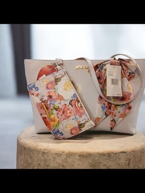 Betsey Johnson White Tote with Floral Scarf and Matching Pouch